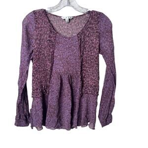 Cabi Medium Purple Floral Peplum Long Sleeve Blouse Sheer Ruffle Hem Boho Top